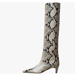 miss left Snakeskin Stretchy Knee High Boots Square Toe Kitten Heel W